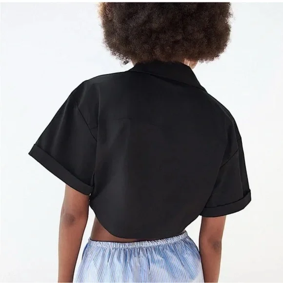 Zara Black Poplin Utility Safari Crop Top W/ Knot short sleeve size S - Picture 3 of 13